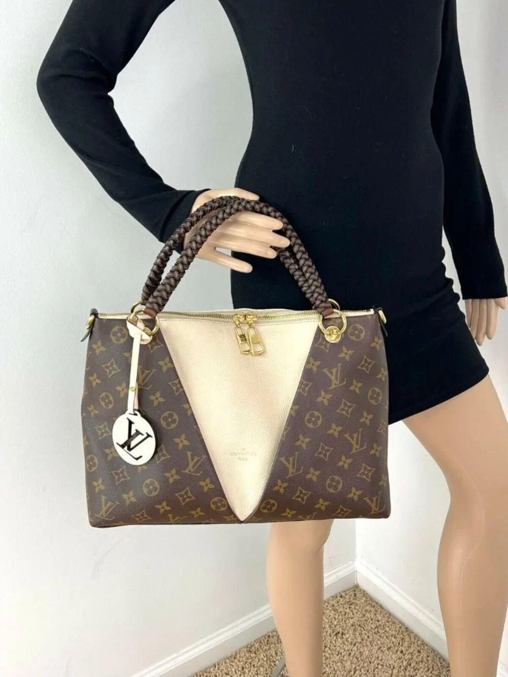 Louis Vuitton Braided V Tote MM Cream Leather Canvas Shoulder Hand Bag